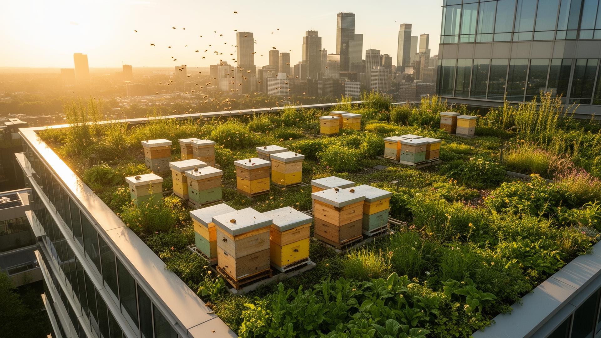 Ruches sur un toit d'entreprise avec vue urbaine
